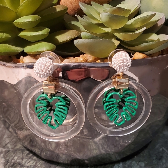 Jewelry - Monstera Clear Hoops Drop Dangle Earrings Boho